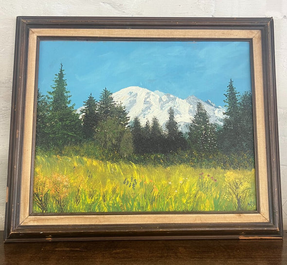 vintage snowcapped mountain oil painting (as is)