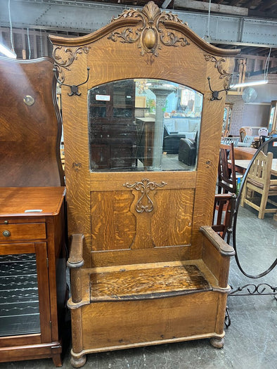 Antique Oak Hall Tree w/ Bench