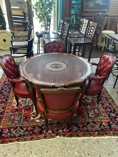 Vintage Louis XV Style Armchair Set/4+Carved Rattan Table