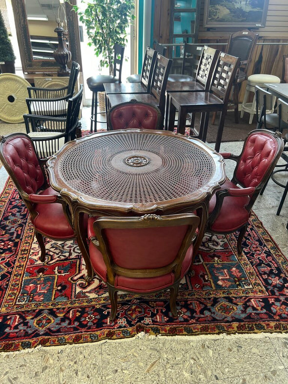 Vintage Louis XV Style Armchair Set/4+Carved Rattan Table
