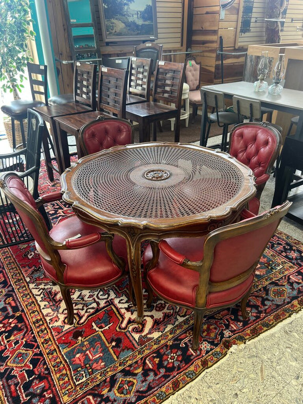 Vintage Louis XV Style Armchair Set/4+Carved Rattan Table