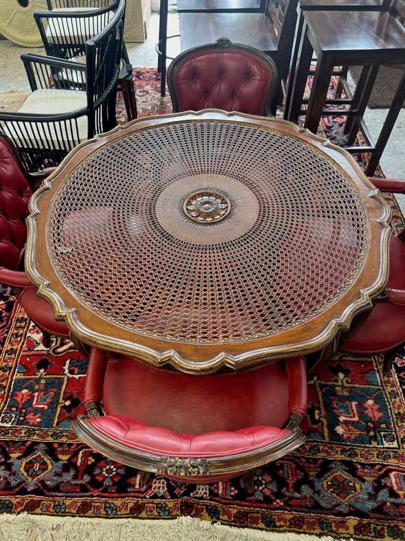 Vintage Louis XV Style Armchair Set/4+Carved Rattan Table