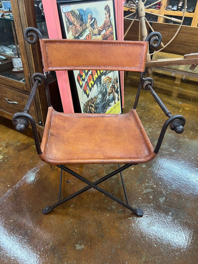 Vintage Savonarola Leather Wrought Iron Chair